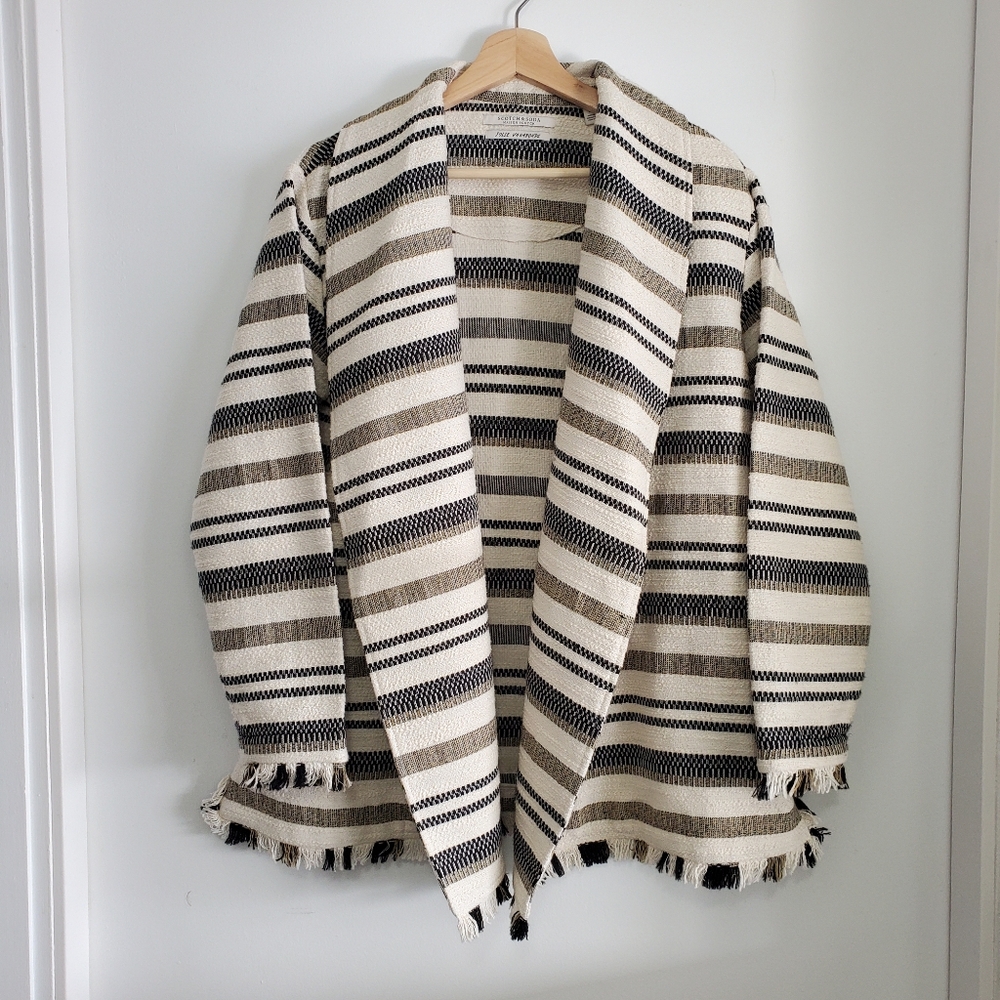 Scotch And Soda Medium Jacket Open Front Cotton Coat Neutral Stripes Boho Fringe